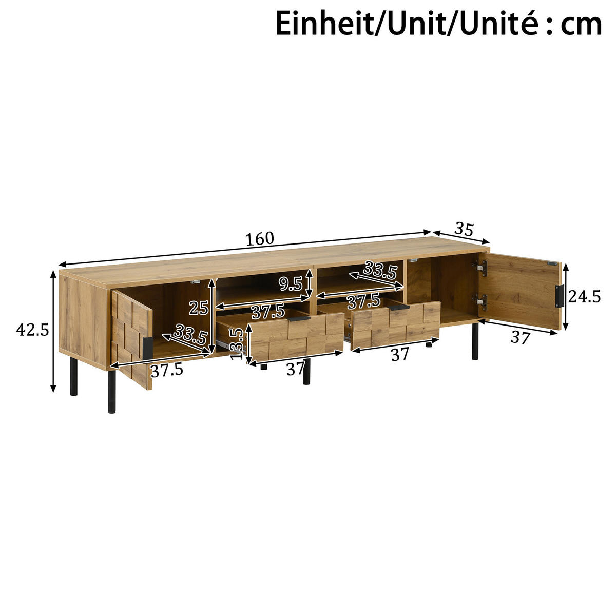 TV-SCHRANK mit 2 Türen und 2 Schubladen 160 cm Holzoptik Natur - Braun, Holzwerkstoff (35/42.5/160cm) - Beauniv