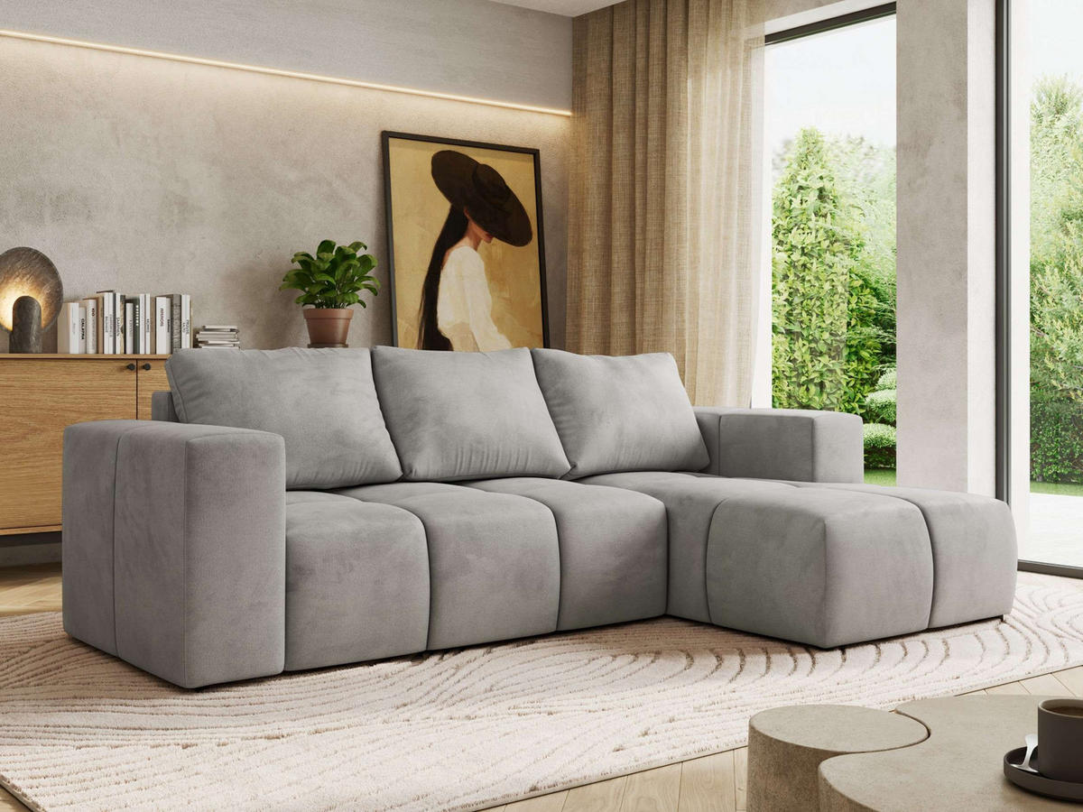 ROHOVÁ SEDAČKA MONIVA L - Světle šedá Samet - Pravá Strana - černá/světle šedá, textil/plast (266/164cm) - MKS