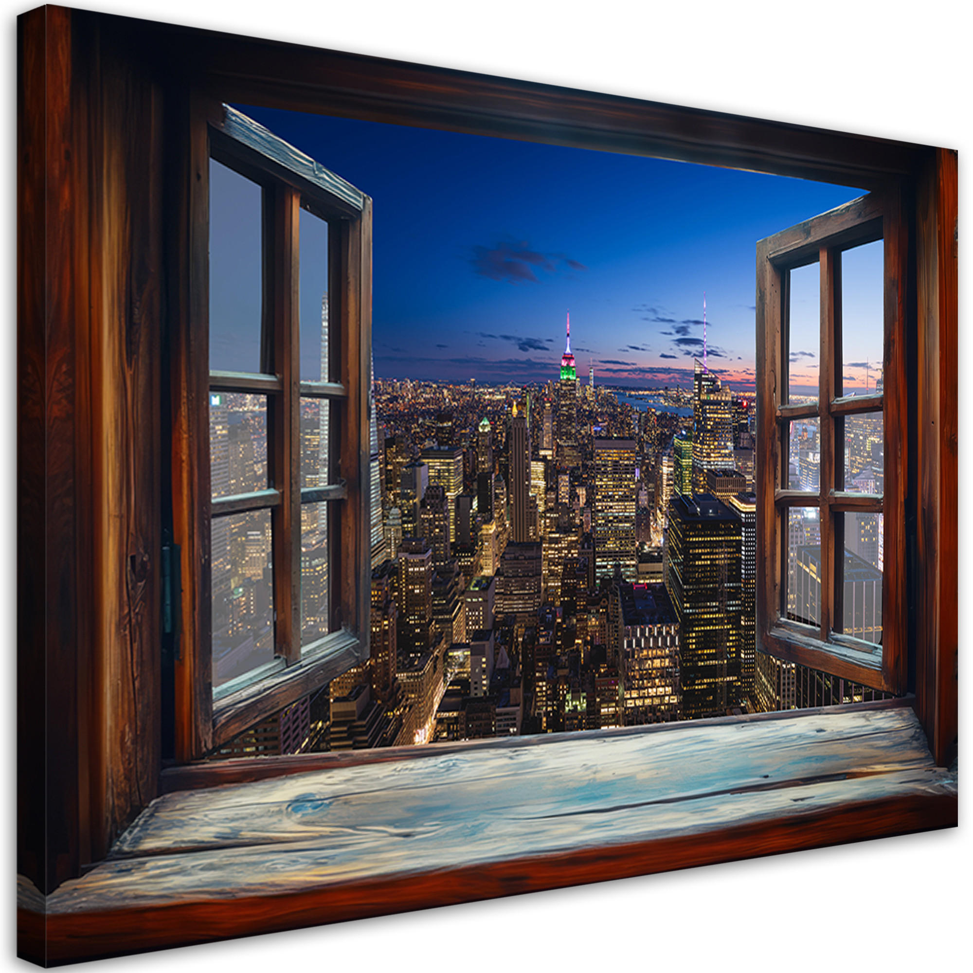 WANDBILD blick aus einem fenster stadtnacht architektur - Braun, Textil (60/40cm) - Feeby