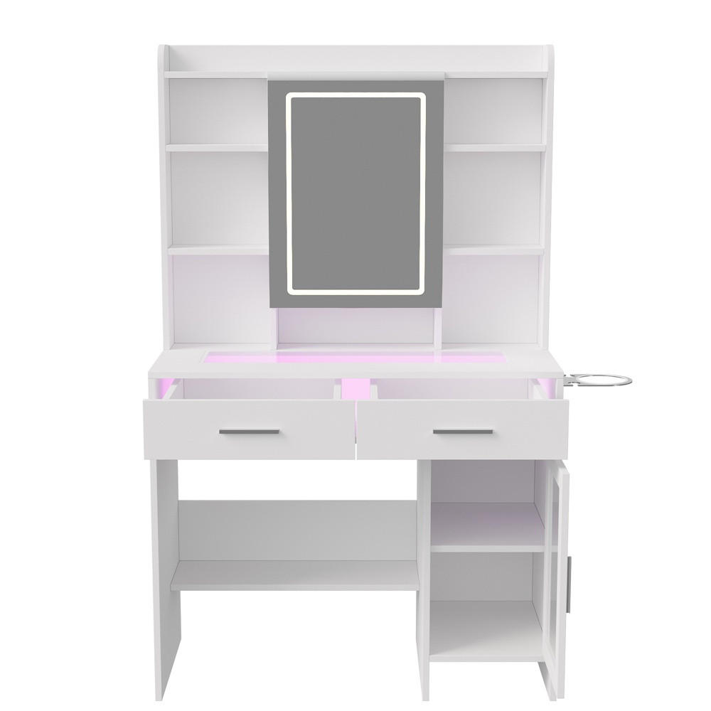 SCHMINKTISCH mit LED-Beleuchtung - Frisiertisch mit Glastischplatte und Ladestation - Haartrocknerhalter - Weiß - Weiß, Holzwerkstoff (40/145/89.8cm) - DELFA