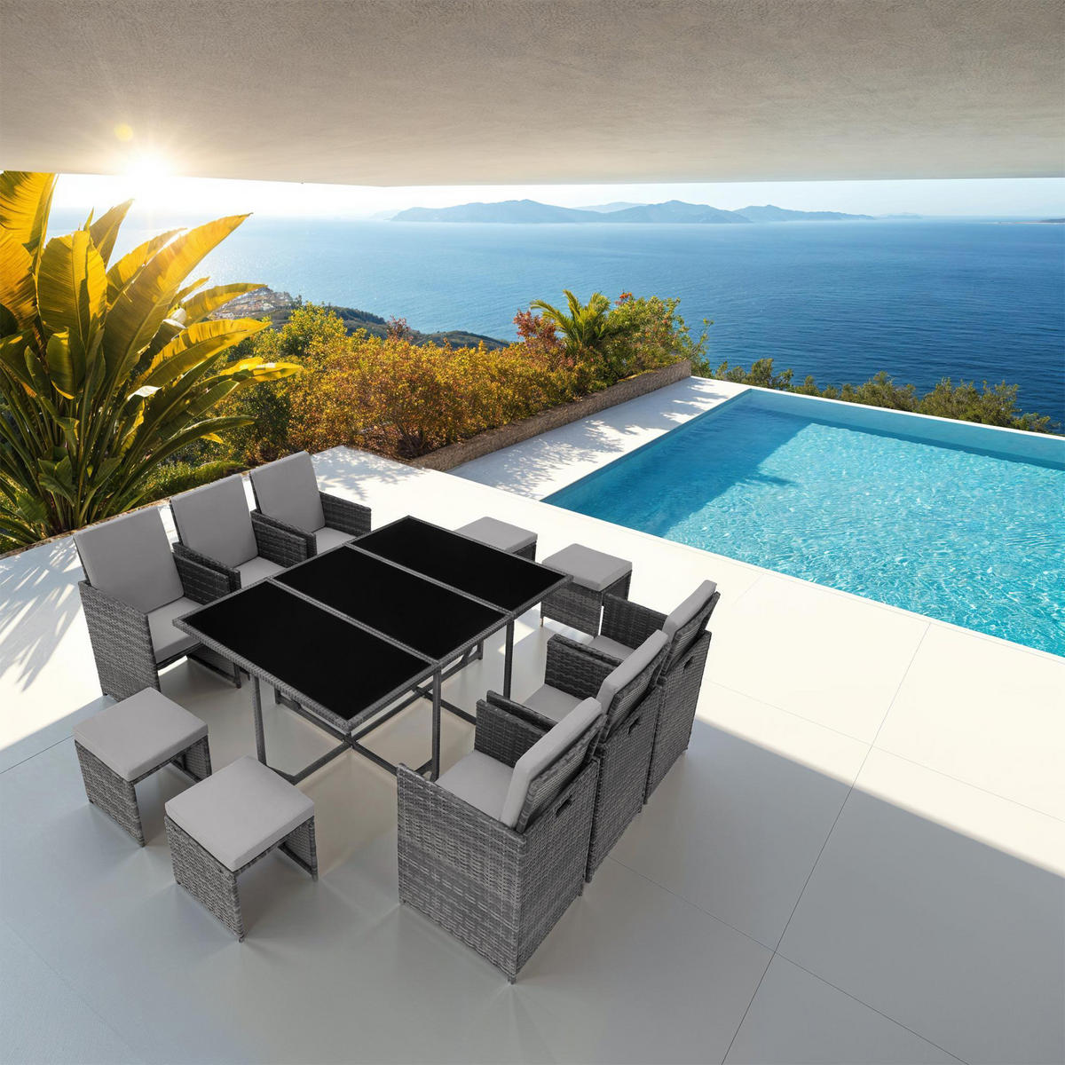 RATTAN SITZGRUPPE Malaga,zusammenschiebbar, inklusive Schutzhülle,grau - Grau, Kunststoff - tectake