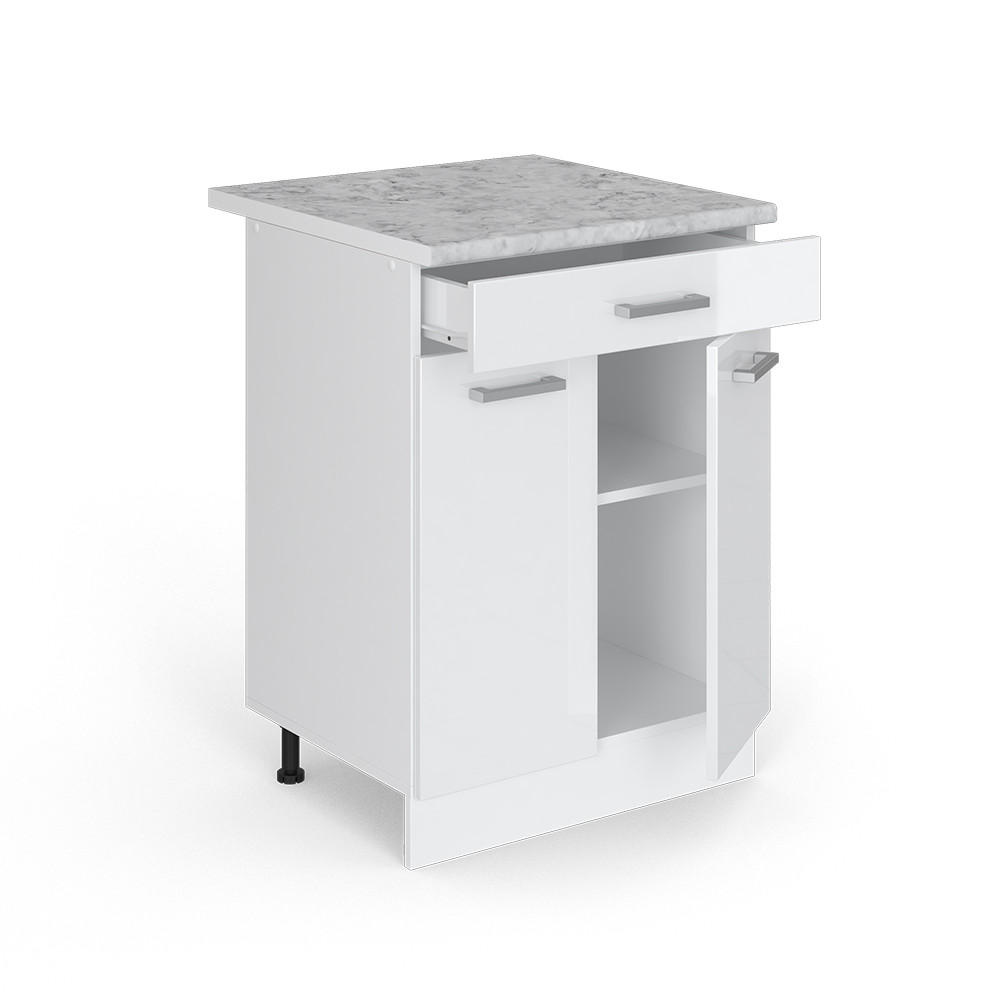 KÜCHENUNTERSCHRANK R-Line Weiß Hochglanz 60 cm mit Schublade AP Marmor - Weiß Hochglanz/Weiß, Holzwerkstoff (60/81.6/60cm) - Vicco