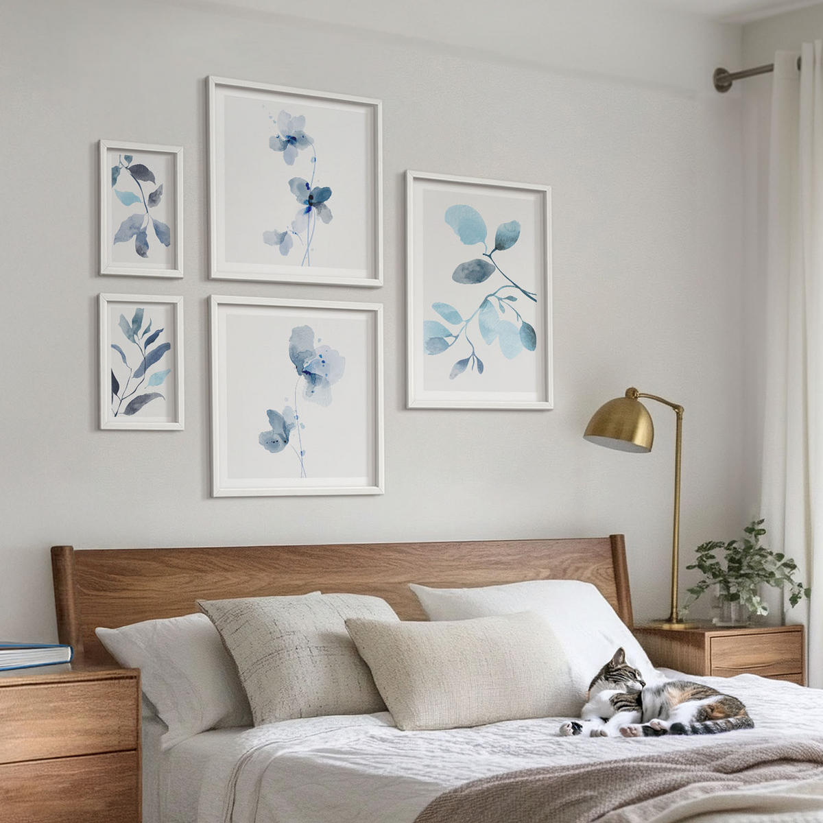 WANDBILDER 5er-Set - 50x50 cm & 20x30 cm & 40x60 cm Weißer Rahmen - Aquarell von blauen Blättern - Weiß, Kunststoff (40/60cm) - ArtPrintCave