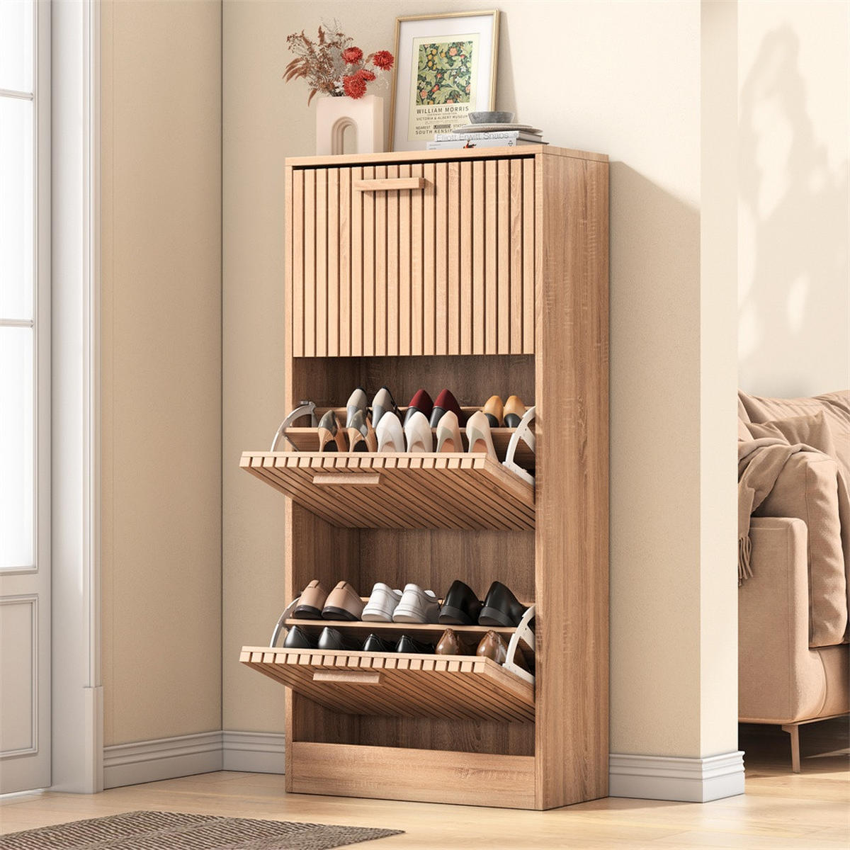 SCHUHSCHRANK im modernen Design - Kompakter Kipp-Schuhkipper mit Klappen - Schuhkipper mit gerilltem Design - Eichefarben, Holzwerkstoff (34/113/60cm) - DELFA