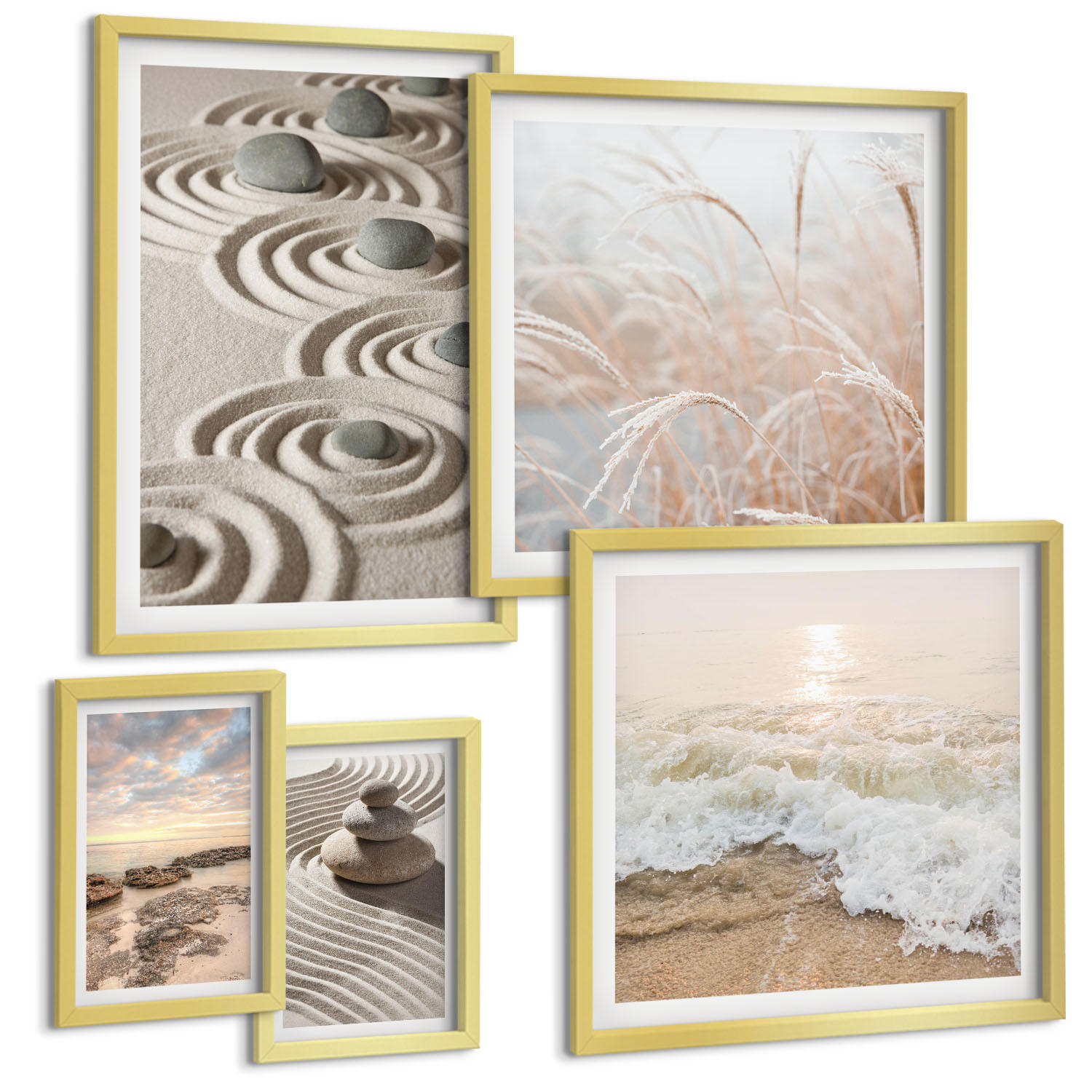 BILDER SET 5er Set - 50x50 cm & 20x30 cm & 40x60 cm Goldrahmen - Blumen im Wasser des Buddha-Wasserfalls - Goldfarben, Kunststoff (40/60cm) - TULUP