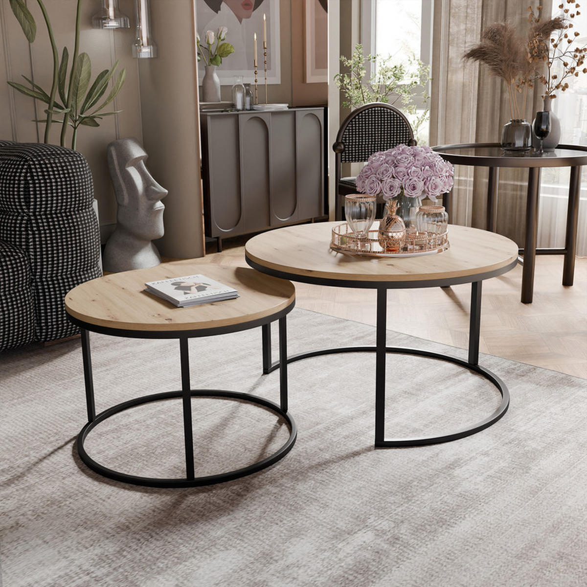 LAVO Couchtisch rund 2-in-1, Artisan-Eiche - Schwarz/Eiche Artisan, Metall (70/70/48cm) - Idohome