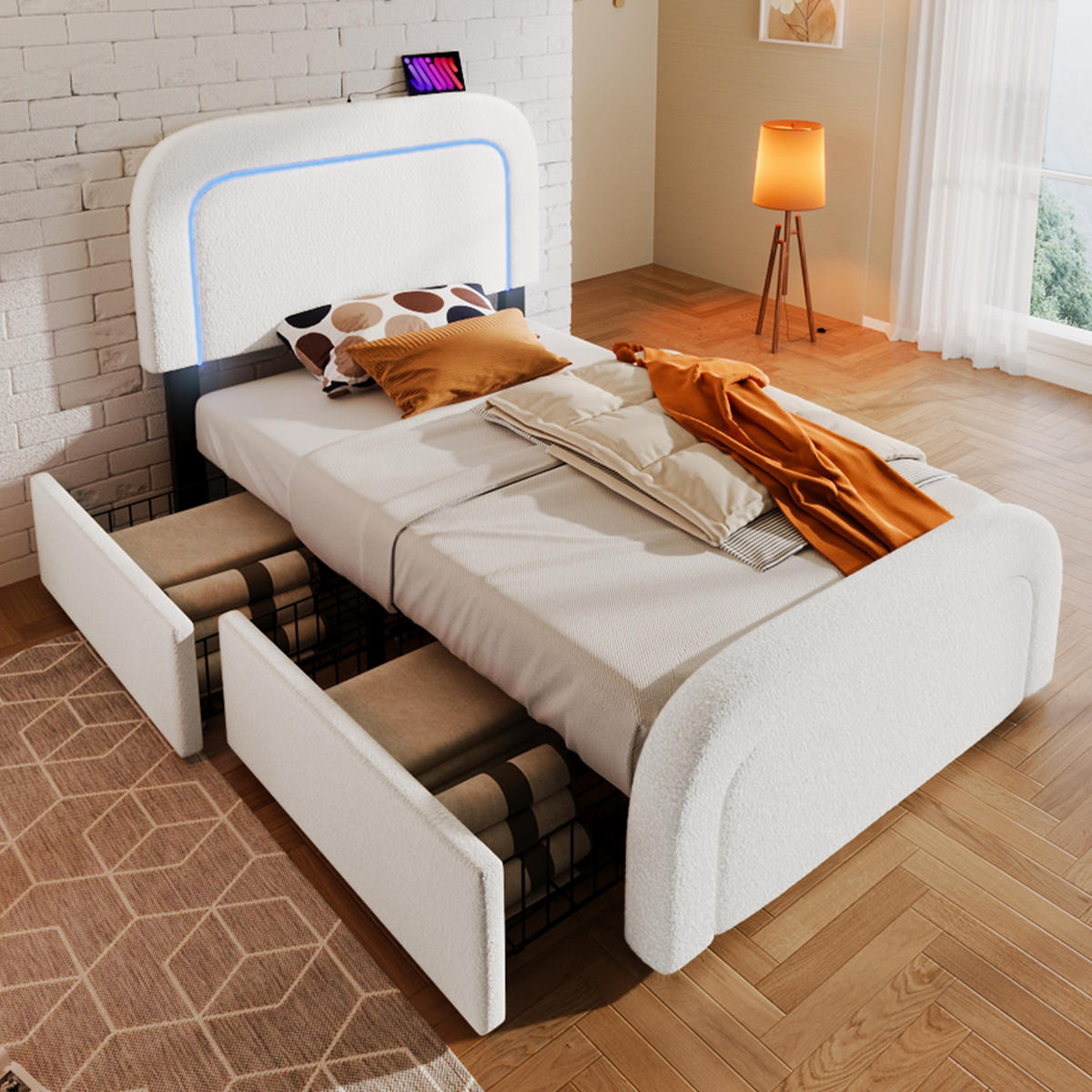 POLSTERBETT aus Sherpa 90x200 cm in Weiß mit LED-Beleuchtung & Ladestation - Weiß, Textil (90/200cm) - Modfu
