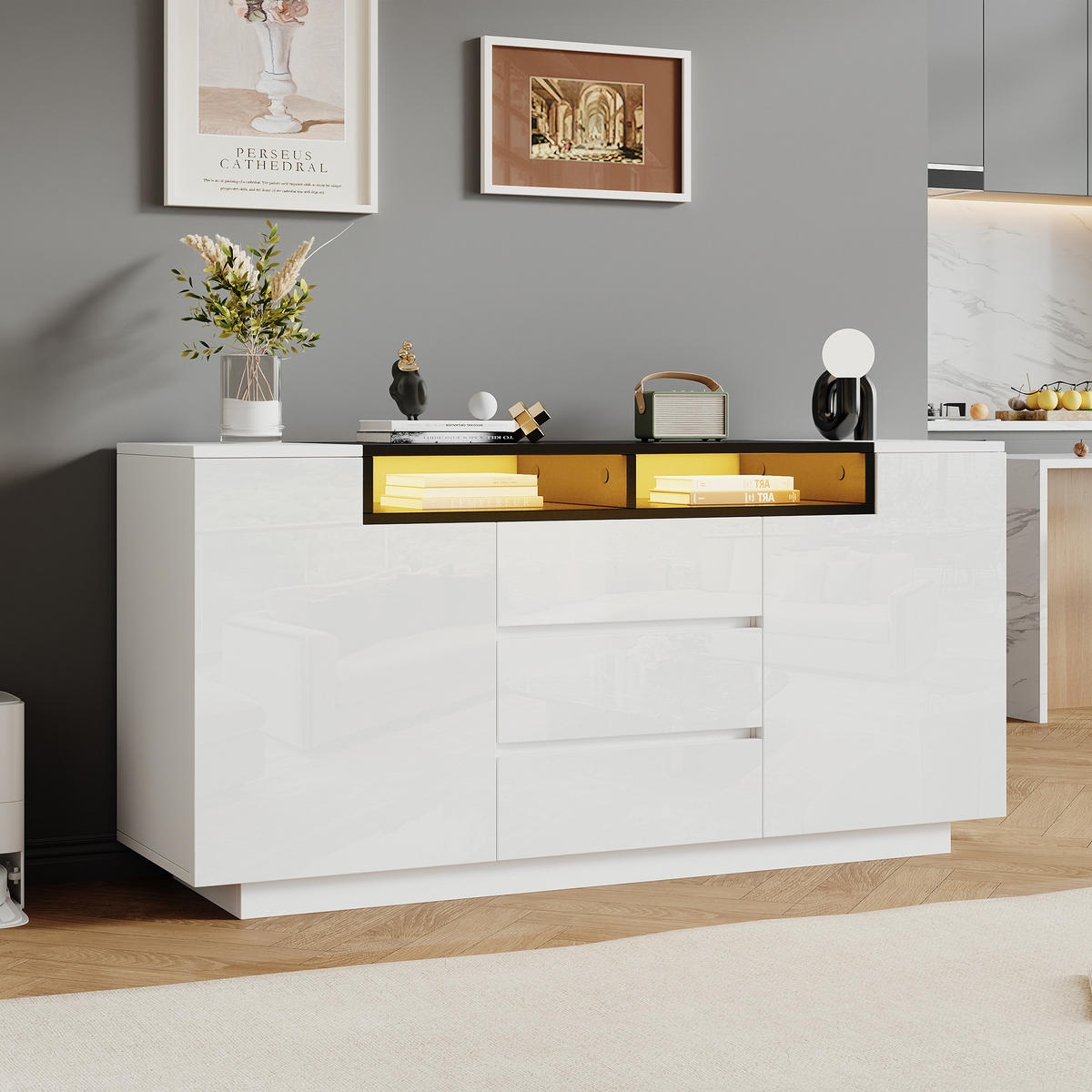 SIDEBOARD in Weiß und Schwarz Wohnzimmerschrank mit 2 L-förmigen Türen und LED für Wohnzimmer, B140/T40/H68cm - Weiß, Holzwerkstoff (140/68/40cm) - STILVORA