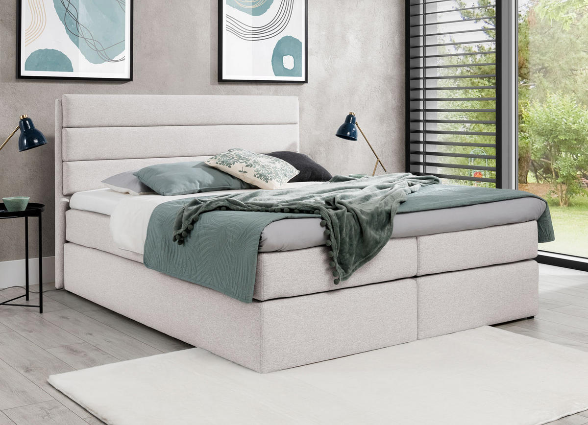 BOXBETT Sequoio 160/200 cm in Creme – mit Matratze und Topper - Creme/Schwarz, Holz/Holzwerkstoff (160/200cm) - AX Living