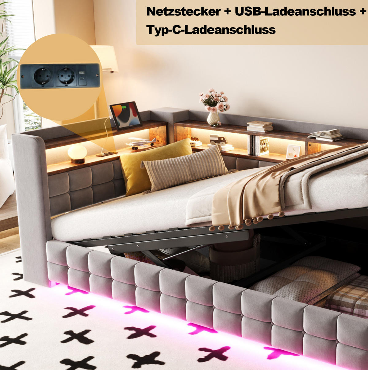 POLSTERBETT aus Samtstoff 90x200 cm Hellgrau mit LED-Beleuchtung, USB-, Typ-C-Anschluss, Steckdose und hydraulischem Stauraum - Hellgrau, Textil (90/200cm) - Modfu