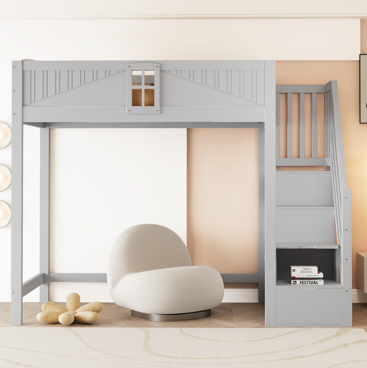 HOCHBETT 90/200 cm aus Holzwerkstoff mit Sicherheitszaun, Fenster und Leiter mit Ablage, Grau - Grau, Holzwerkstoff (90/200cm) - Redom