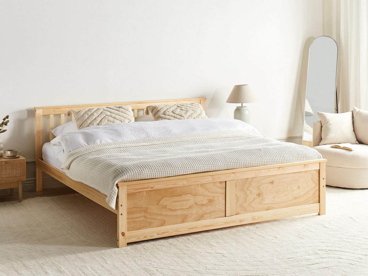 BETT mit Lattenrost 160x200 cm Heller Holzfarbton Olendon - Hellbraun, Holz (160/200cm) - Beliani