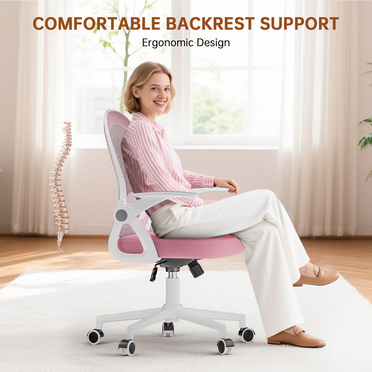 BÜROSTUHL Weiß-Pink ergonomisch mit Mesh Rückenlehne - Pink, Metall (25/53/56cm) - Rattrix