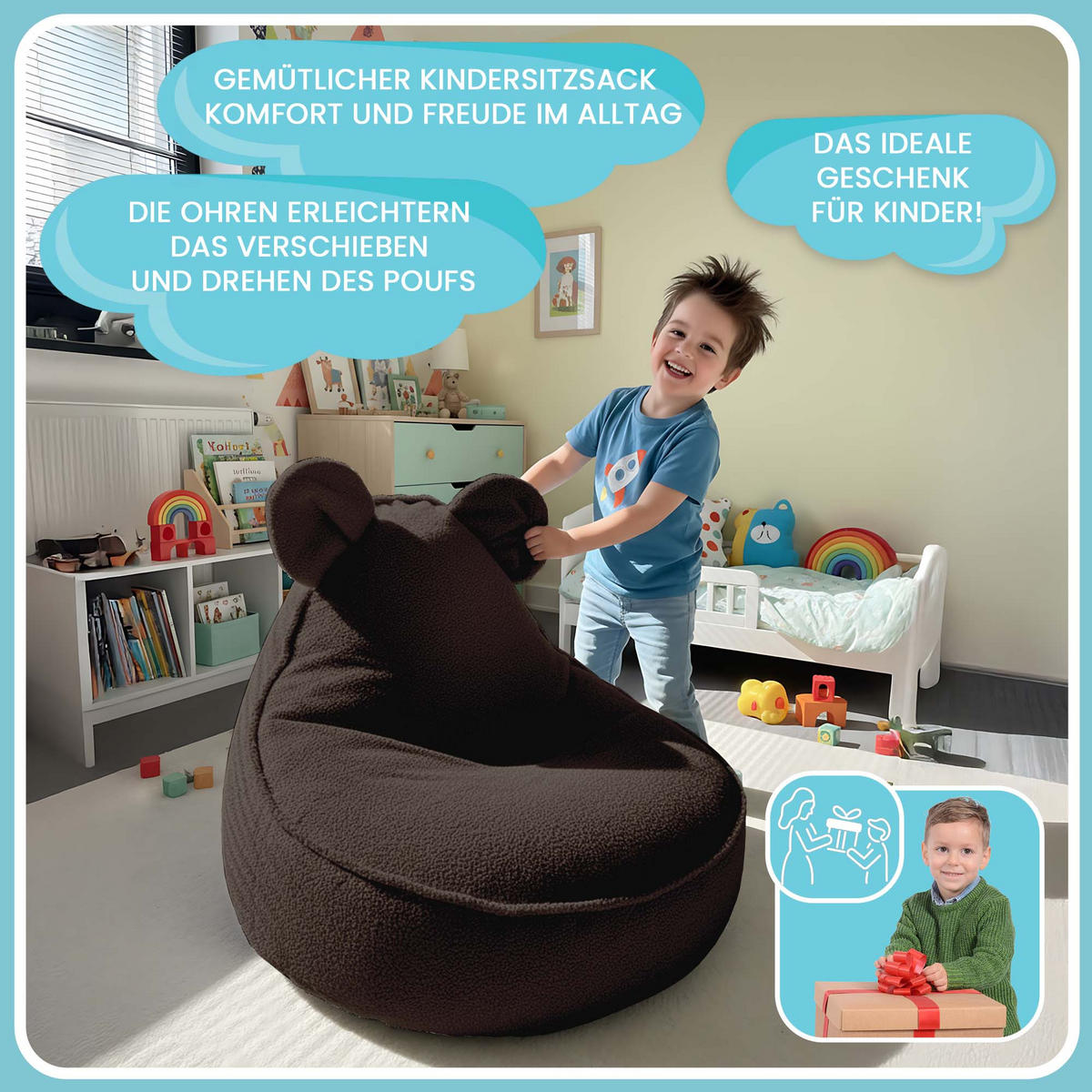 SITZSACK FÜR KINDER Maus 75/75/55 cm, weicher Bouclé 315 g/m², abnehmbarer Bezug, Cocoa Brown - Dunkelbraun, Textil (75/55/75cm) - Dreamroots