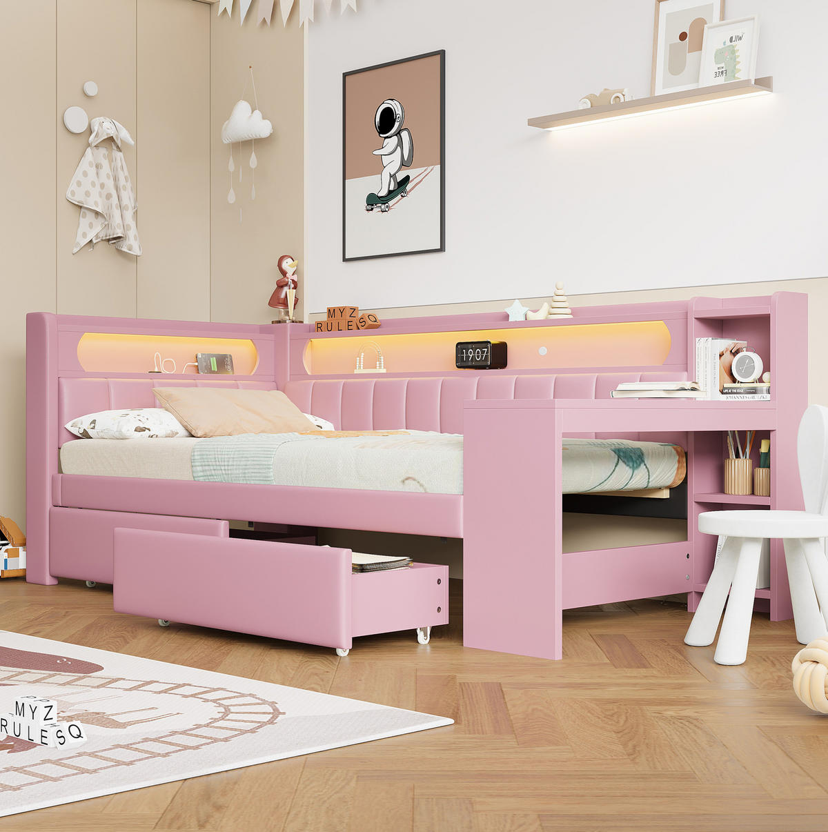 ČALÚNENÁ posteľ z MDF a preglejky 90x200 cm ružová s LED osvetlením, USB portom, písacím stolom a úložnými zásuvkami - ružová, textil (90/200cm) - Modfu