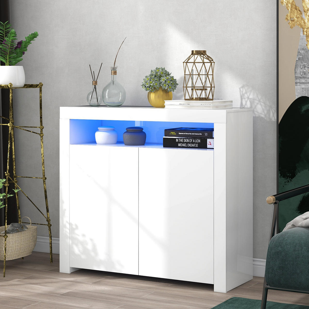SIDEBOARD 108/40/92 cm in Weiß Hochglanz mit LED-Beleuchtung & 2 Türen - Weiß, Holzwerkstoff (108/92/40cm) - BEAOK
