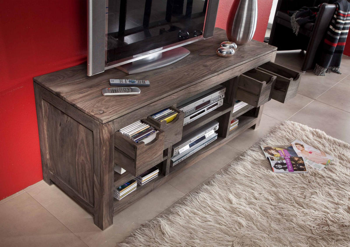 TV-BOARD Sheesham 148x50x62 grau geölt NATURE GREY #40 - Grau, Holz (148/62/50cm) - Massivmoebel24