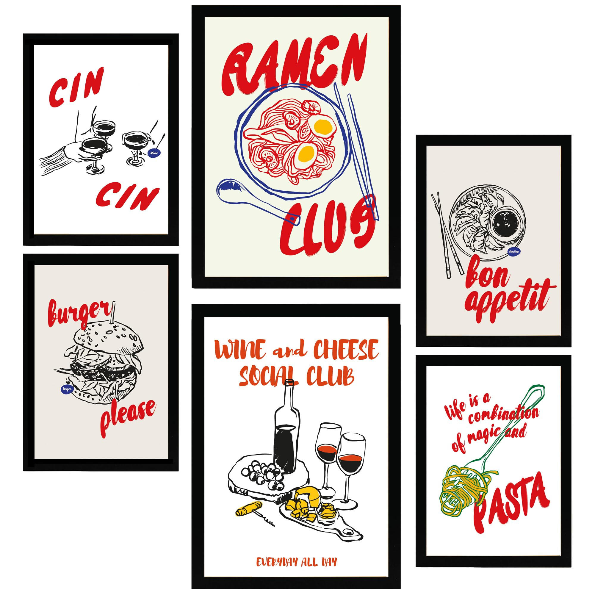 POSTER Set Mit 6 Von Lebensmitteln & Pop Art Ramen & Pasta A3 & A4 Schwarzer Rahmen - Schwarz, Papier (29/3cm) - Nacnic
