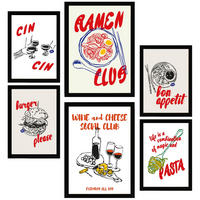 POSTER Set Mit 6 Von Lebensmitteln & Pop Art Ramen & Pasta A3 & A4 Schwarzer Rahmen - Schwarz, Papier (29/3cm) - Nacnic
