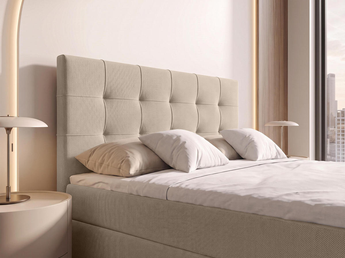 BOXBETT DEFNE 160x200 cm mit Fußteil und Matratze - Creme + TOPPER - Creme/Schwarz, Holz/Holzwerkstoff (160/200cm) - AX Living