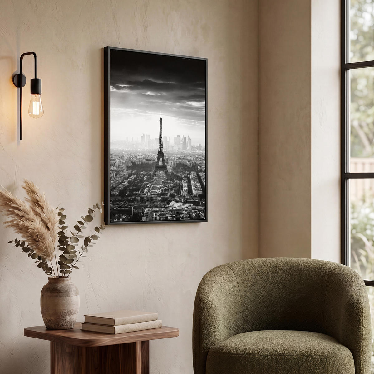 LEINWAND Bilder mit Rahmen - Paris - Skyline - Eiffelturm - Stadt - Wolken - 50x70 - Dunkelgrau, Textil (50/70cm) - MuchoWow