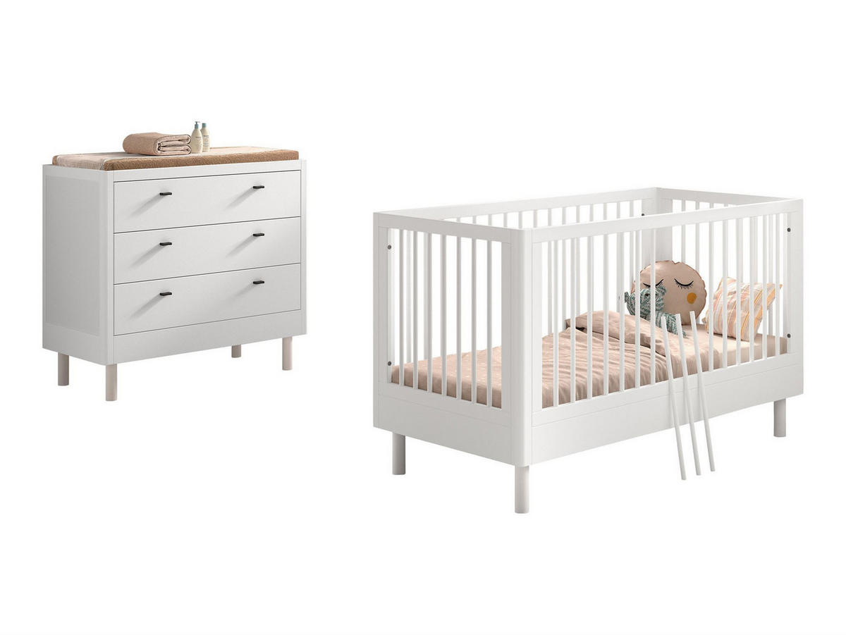 BABYBETT SET 70x140 Keeley Buche Weiß Holz Kommode Komfort Stabil - Weiß, Holz (74/88/144cm) - 58aufmkessel