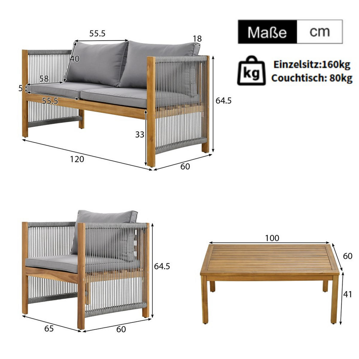 LOUNGEGARNITUR mit bequemem Kissen，Akazie, grau - Grau, Holz - KOMHTOM