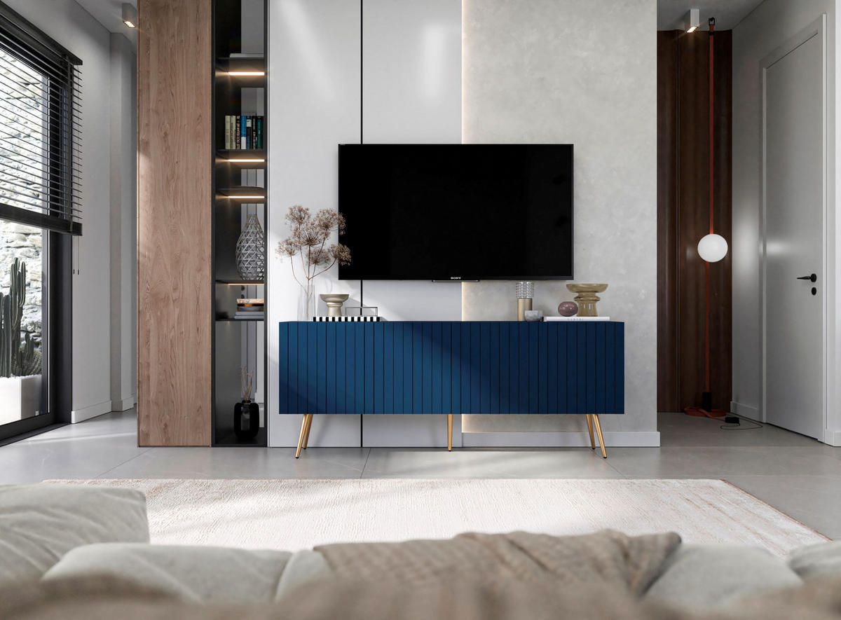 TV-SCHRANK Elpis Marineblau Matt mit goldenen Metallbeine Glamour 150 cm - Blau/Goldfarben, Holzwerkstoff/Metall (150/60.5/36.5cm) - Meble Lindner