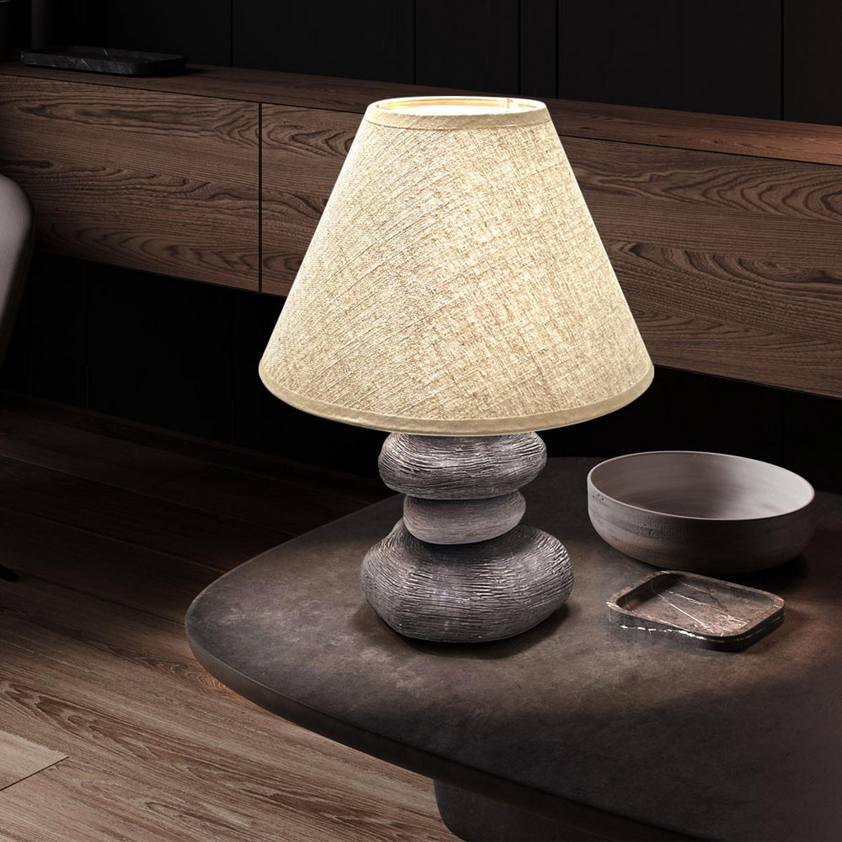 TISCHLEUCHTE Keramik Steinoptik Braun Grau - Braun, Textil (25/25/33.5cm)