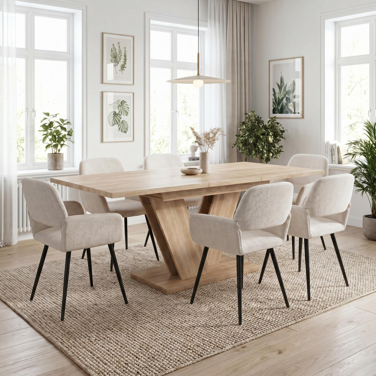 ESSTISCH-SET 1+6, ausziehbarer Tisch mit 6 Esszimmerstühlen - Eichefarben/Schwarz, Holzwerkstoff (180/75.5/80cm) - Urban Meuble