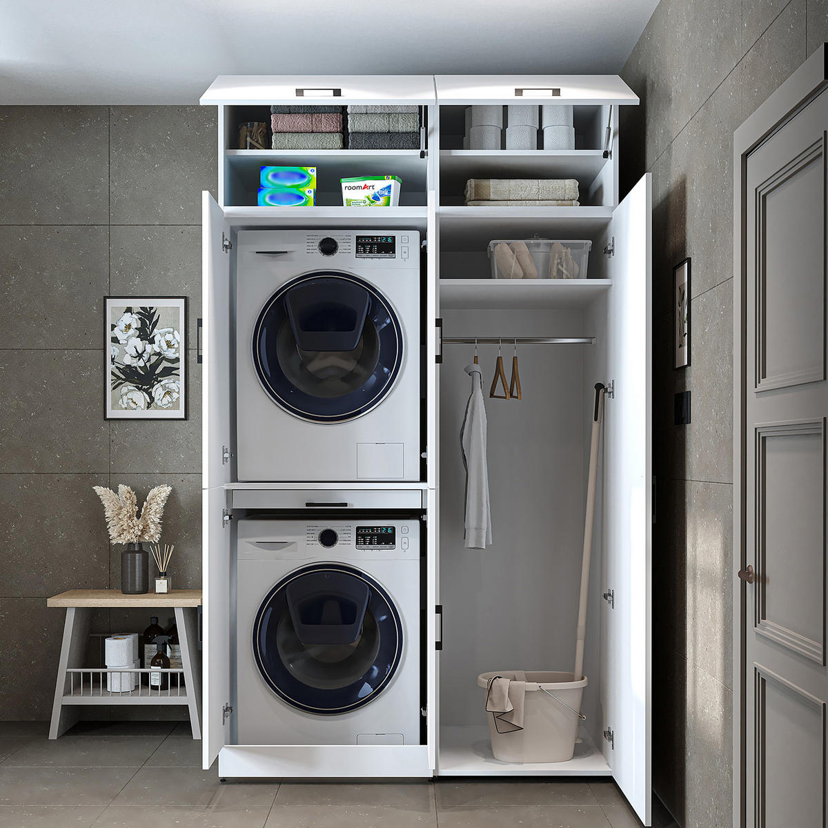 WASCHMASCHINENSCHRANK DORA-I 130cm Breit, 230cm Hoch - Weiß, Holzwerkstoff (130/230/73.8cm)