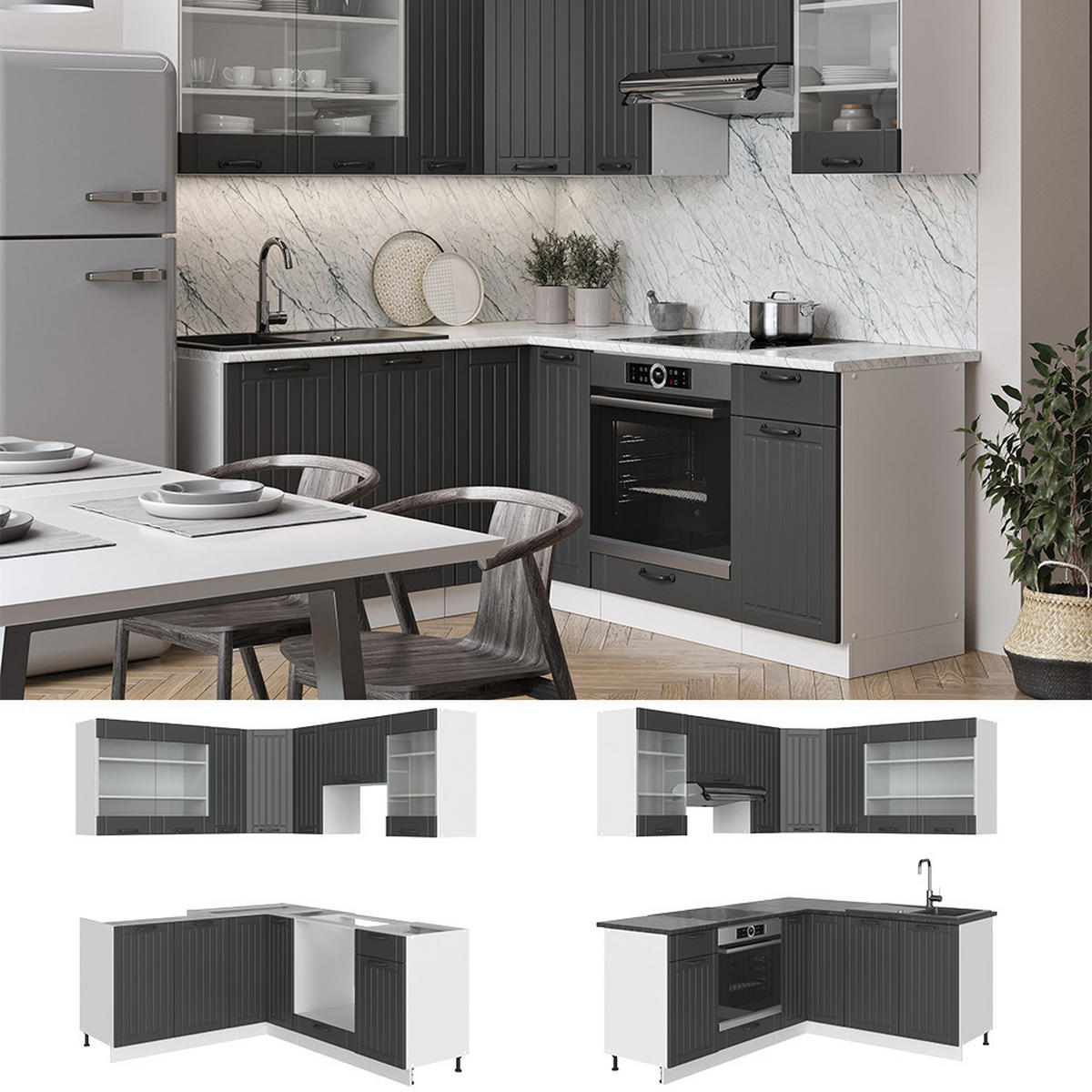 ECKKÜCHE Fame-Line Anthrazit Landhaus/Weiß 160 x 60 cm ohne AP - Dunkelgrau/Weiß, Holzwerkstoff (190/81.6/46cm) - Vicco