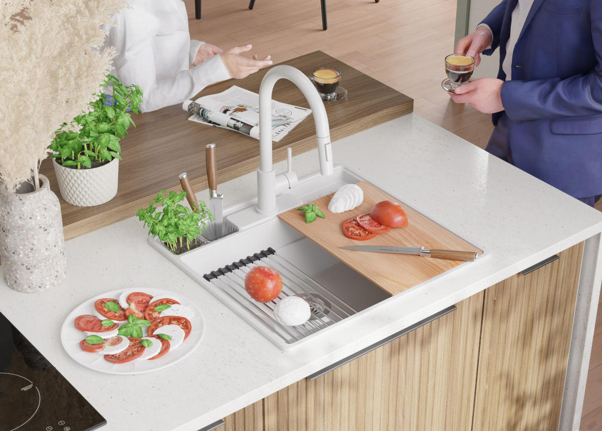 GRANITSPÜLE New York, 2-er set Weiß 58/53 cm 1 Becken + Küchenarmatur 40/20 cm + Ablauf-Set + Küchenzubehörset ab 60er Unterschrank - Chromfarben/Beige, Kunststoff (58/20/53cm) - Primagran