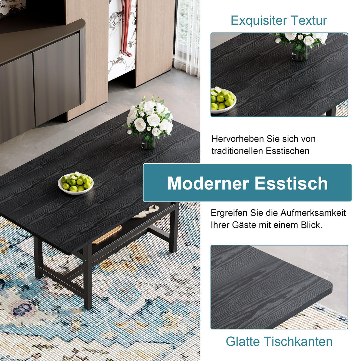 ESSTISCH Schwarz mit multifunktionalem Ablagefach 160/90/76 cm - Schwarz, Holz (90/160/76cm) - Oxeza