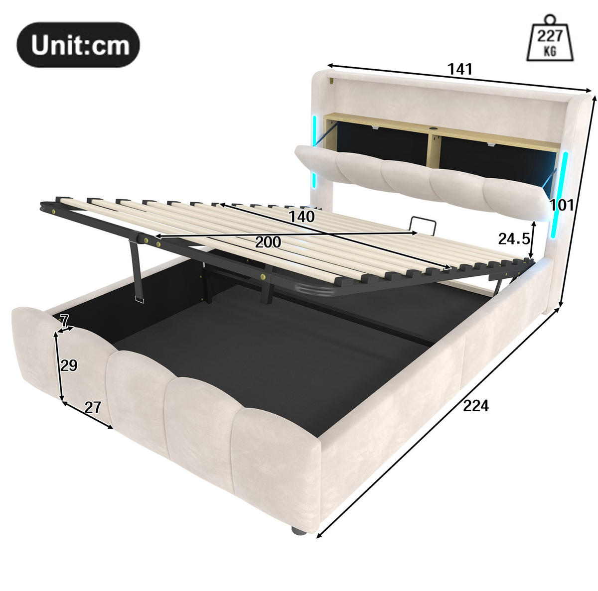 TAPECIRANI krevet od baršuna 140x200 cm bež s LED rasvjetom, USB i Type-C priključcima te hidrauličkim spremištem - bež, tekstil (140/200cm) - Modfu