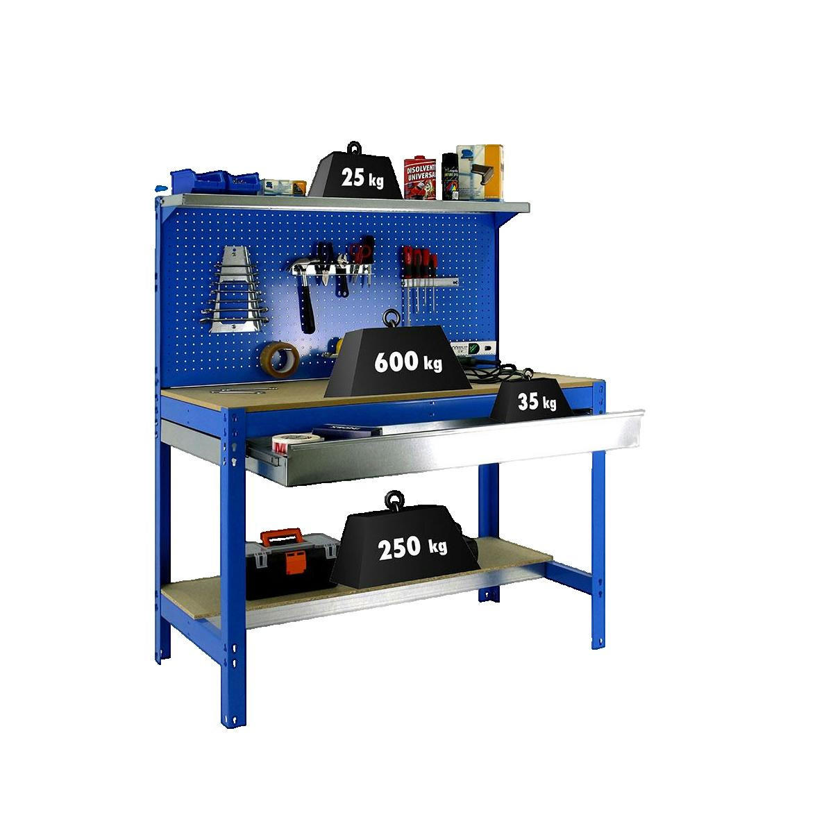 WERKBANK BUFFALO mit Werkzeugwand, Schubfach und Ablage | HxBxT 84x120x61cm | Traglast 600kg | Blau - Blau, Metall (121/144.5/61cm) - Sonstige
