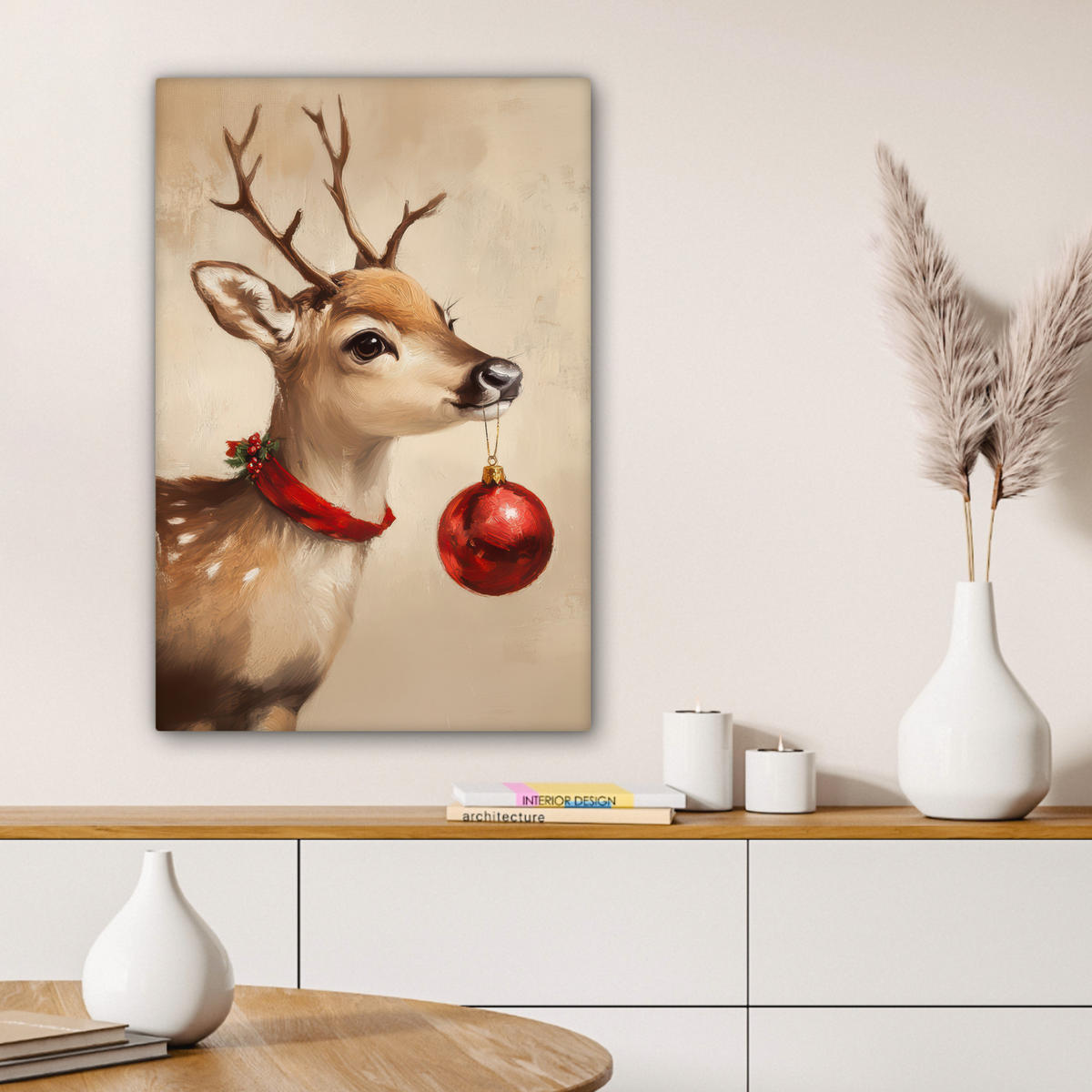 LEINWANDBILD Weihnachten - Hirsch - Geweih - Weihnachtskugel - Rentier 40x60 cm - Hellbraun, Textil (40/60cm) - MuchoWow