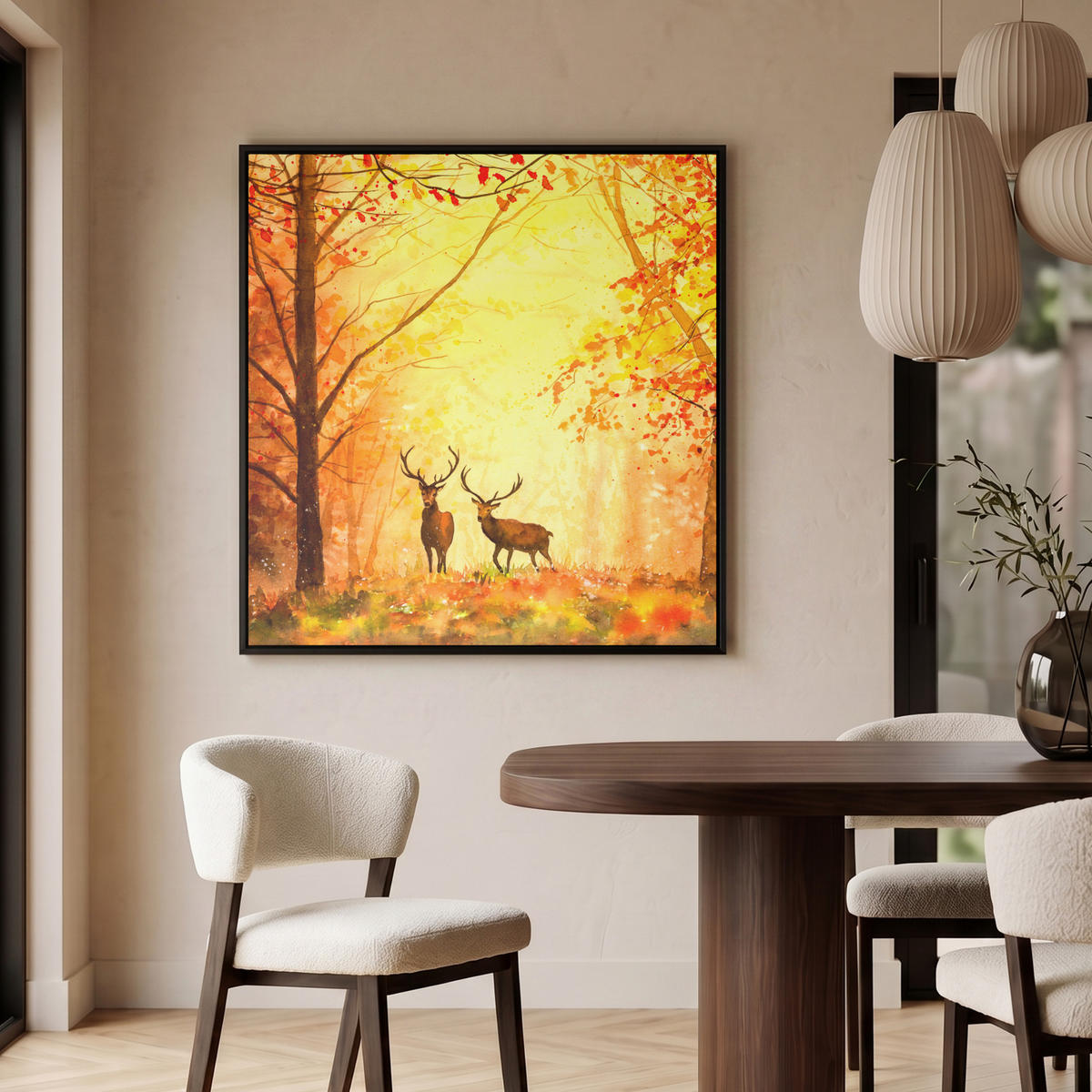 LEINWAND Bilder mit Rahmen - Natur - Ölfarbe - Hirsche - Tiere - Herbst - Orange - 90x90 - Orange, Textil (90/90cm) - MuchoWow