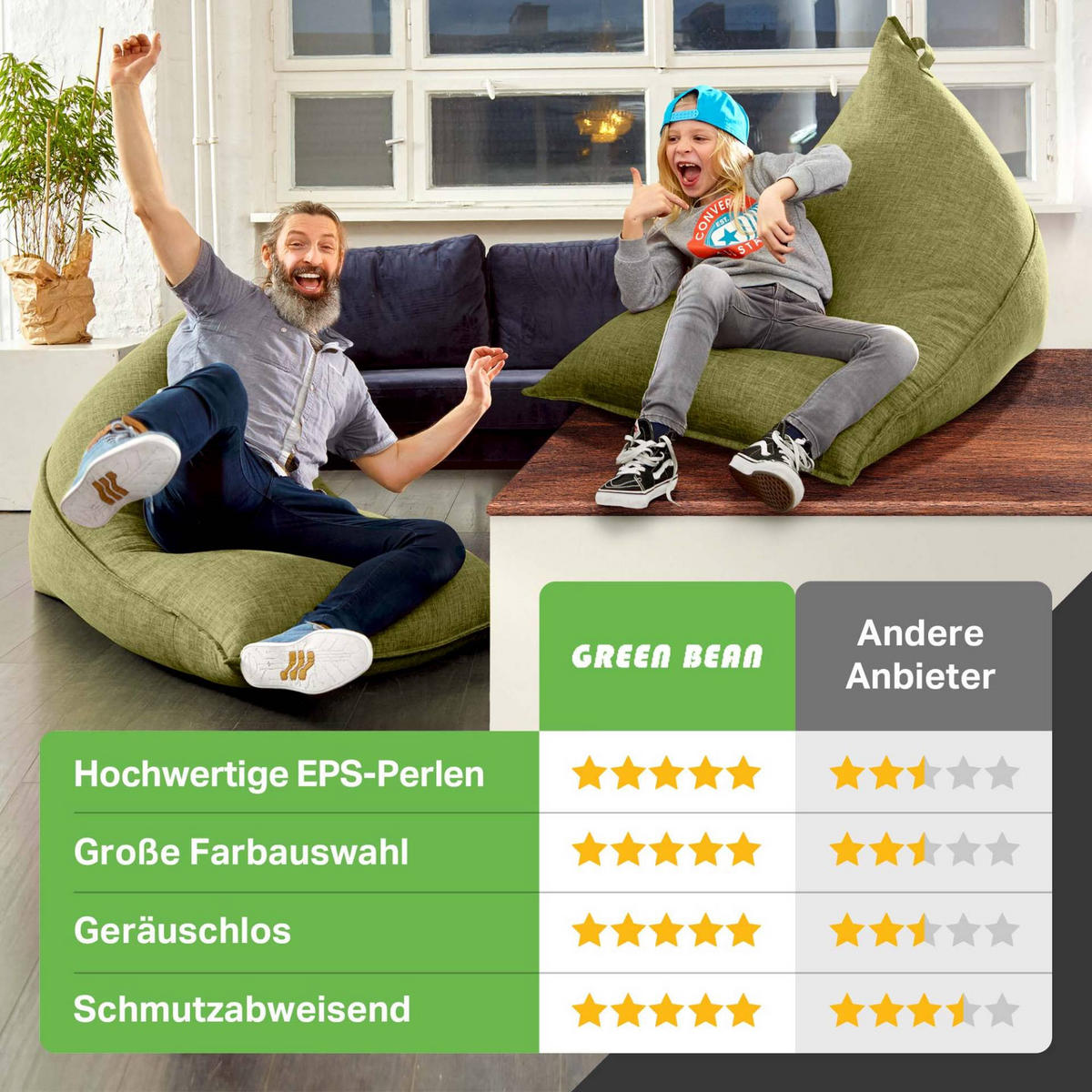 SITZSACK XXL Indoor 150x100x100cm - Grün, Textil (100/100/150cm) - Green Bean