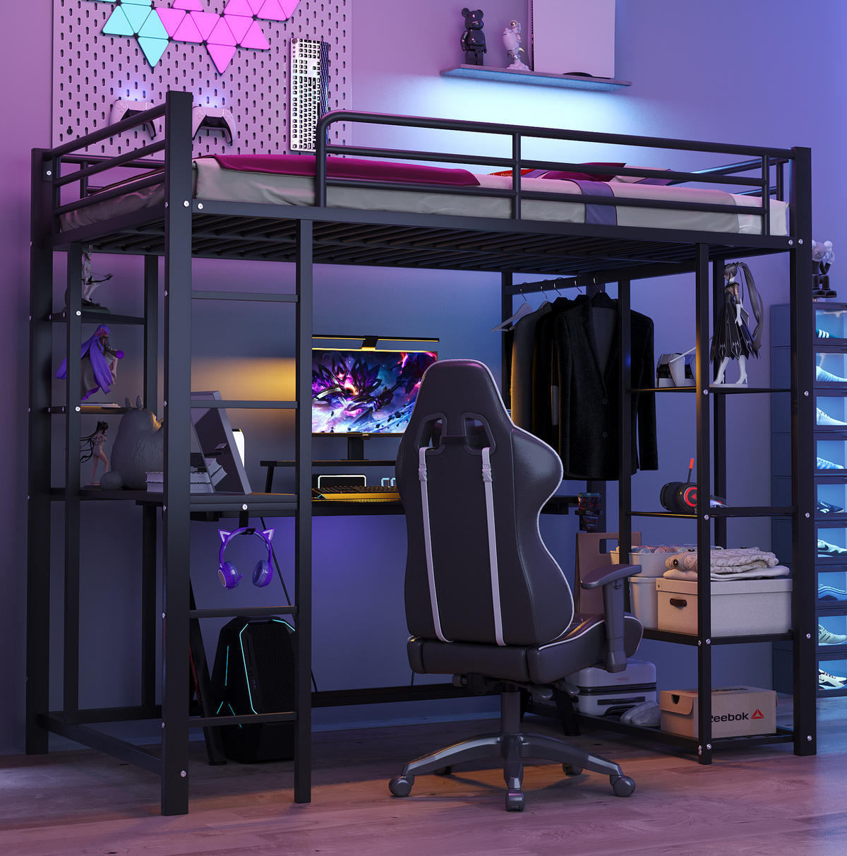 HOCHBETT 90/200 cm mit Leiter, Schreibtisch, Regal und Kleiderstange, Metall/MDF, Schwarz - Schwarz, Metall (90/200cm) - Redom