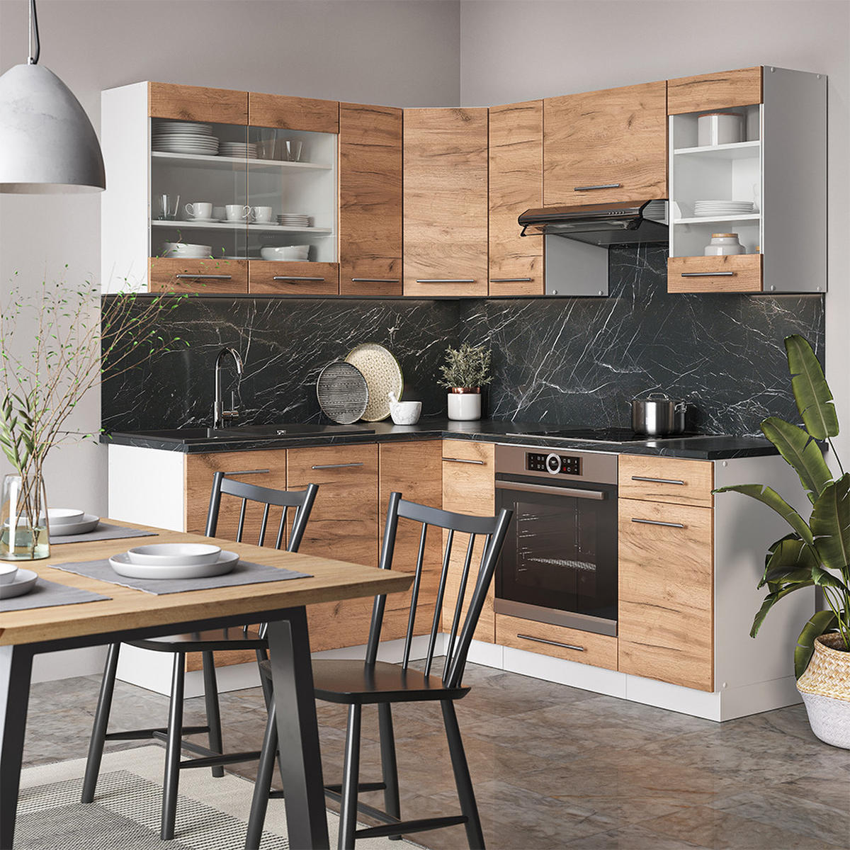 ECKKÜCHE Fame-Line Goldkraft Eiche/Weiß 160 x 190 cm, AP Marmor - Eiche Wotan/Weiß, Holzwerkstoff (190/81.6/60cm) - Vicco