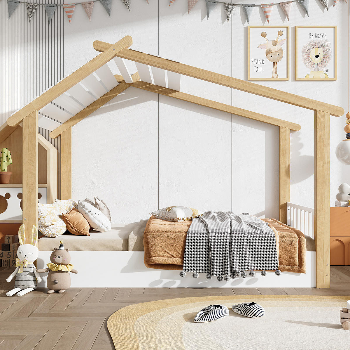 DOMČEKOVÁ posteľ 90/200 cm biela/prírodná s lamelovým roštom z borovice, drevotriesky a MDF - biela, drevo (90/200cm) - OKWISH