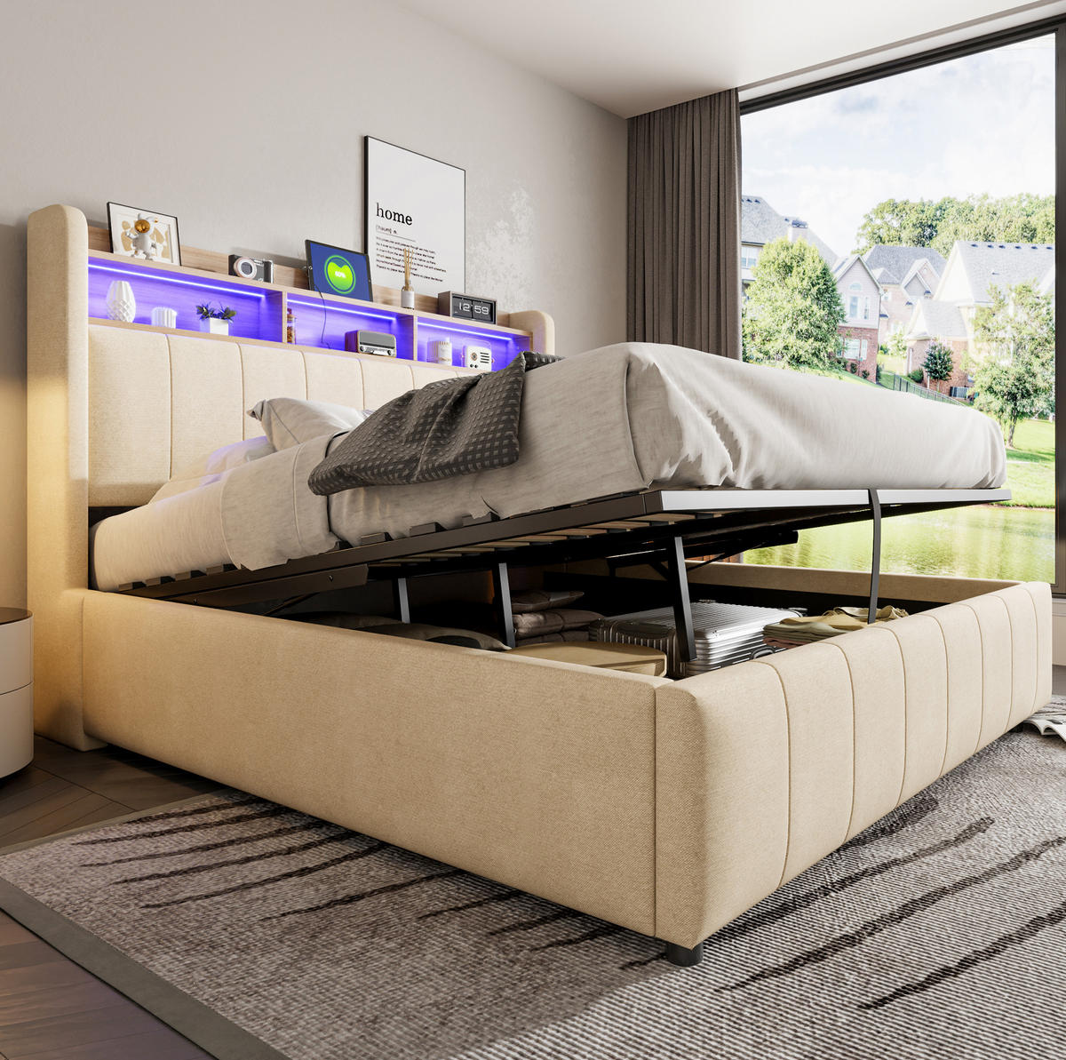 POLSTERBETT aus Leinenstoff 160x200 cm Beige mit LED, USB-C und hydraulischem Bettkasten - Beige, Textil (160/200cm) - IVMEU