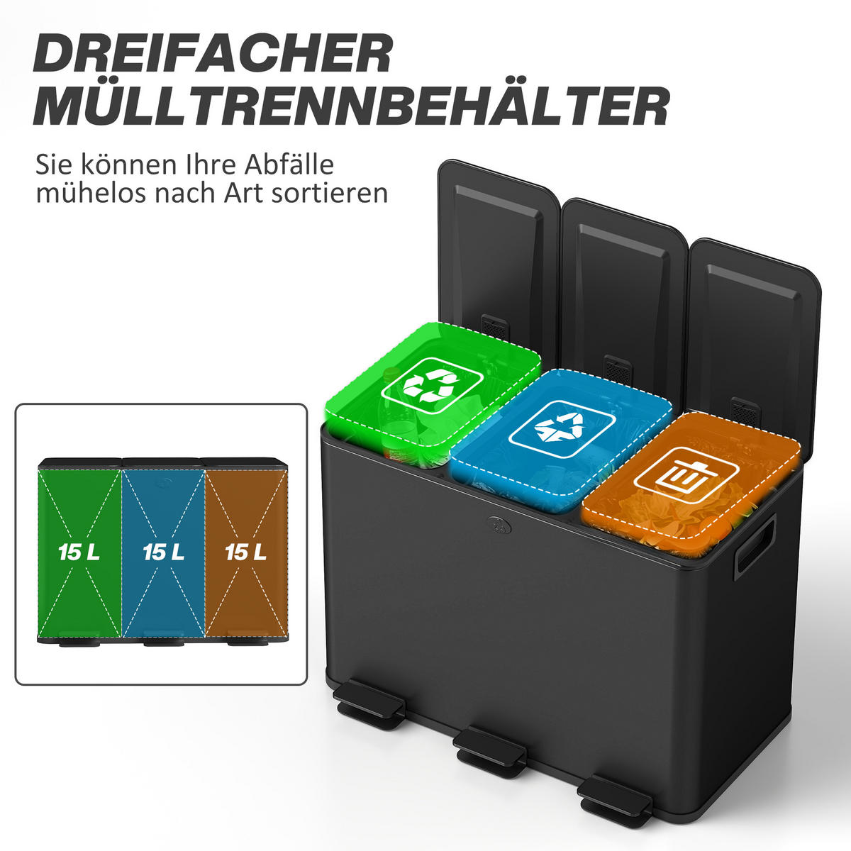 MÜLLEIMER Schwarz 61.9/36.6/43.2 cm - Schwarz, Metall (36.6/43.2/61.9cm) - HOMCOM