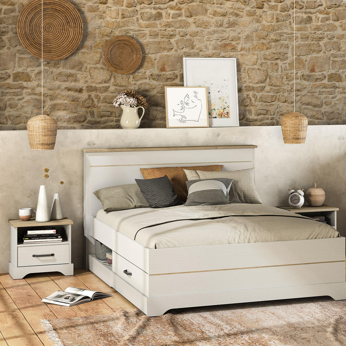 BETT mit 2 Schubladen und 2 Nischen 140x190 cm weiß Cottage - Weiß, Holzwerkstoff (190/140cm) - Calicosy