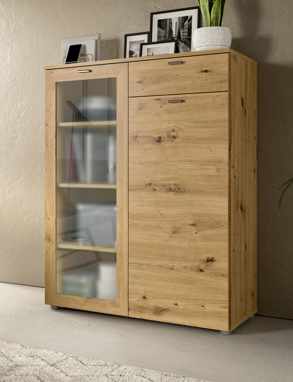HIGHBOARD Eiche Artisan 90x115 cm, Vitrine mit Soft-Close - Silberfarben/Eiche Artisan, Glas/Holzwerkstoff (90/115/37cm) - Inn.Furn