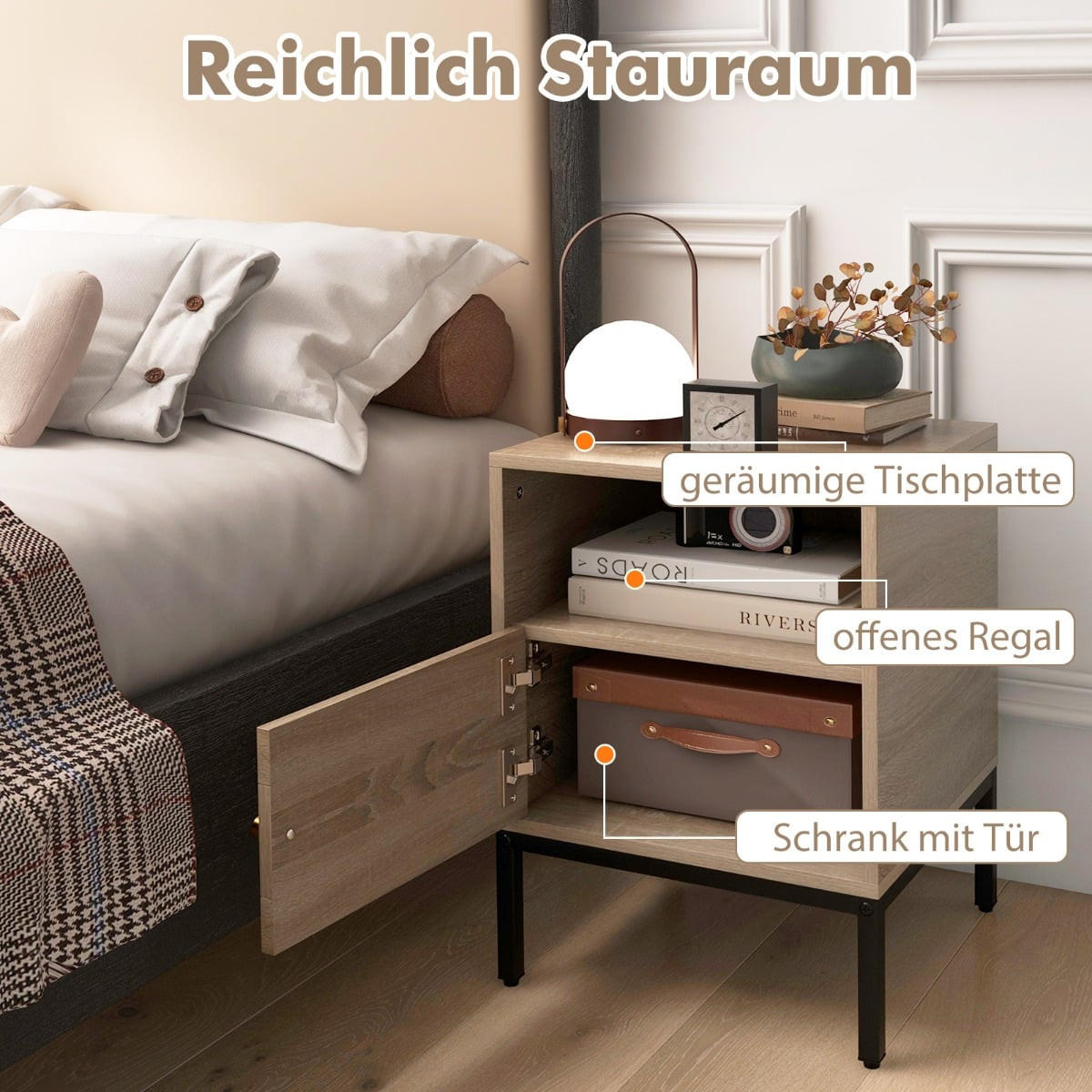 NACHTTISCH Natur mit Regal und Schrank, 40x40x57 cm - Edelstahlfarben/Naturfarben, Holzwerkstoff/Metall (40/57/40cm) - DESIGN IN