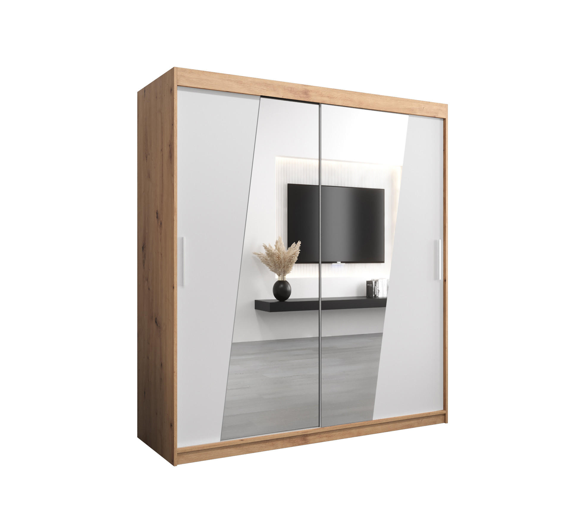 Abiks Möbel Schwebetürenschrank Eiche Artisan, Weiß 180x200x62 cm