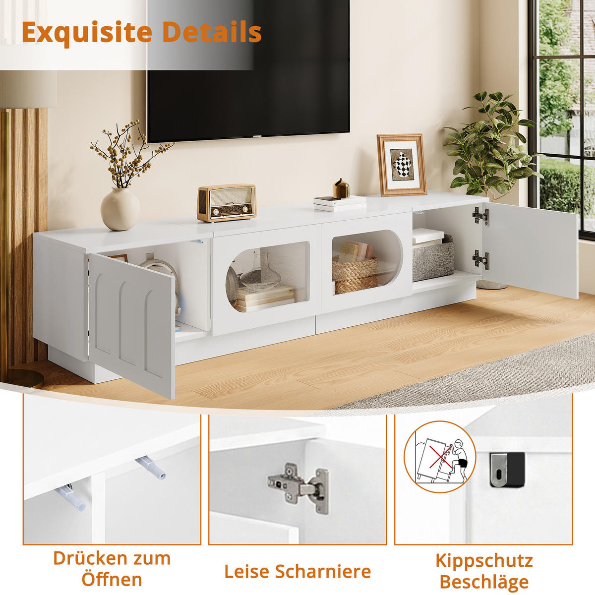 TV-LOWBOARD mit LED, APP-Steuerung, Glastür und Bogentür - Weiß, Holzwerkstoff (200/42/40cm) - FLIEKS