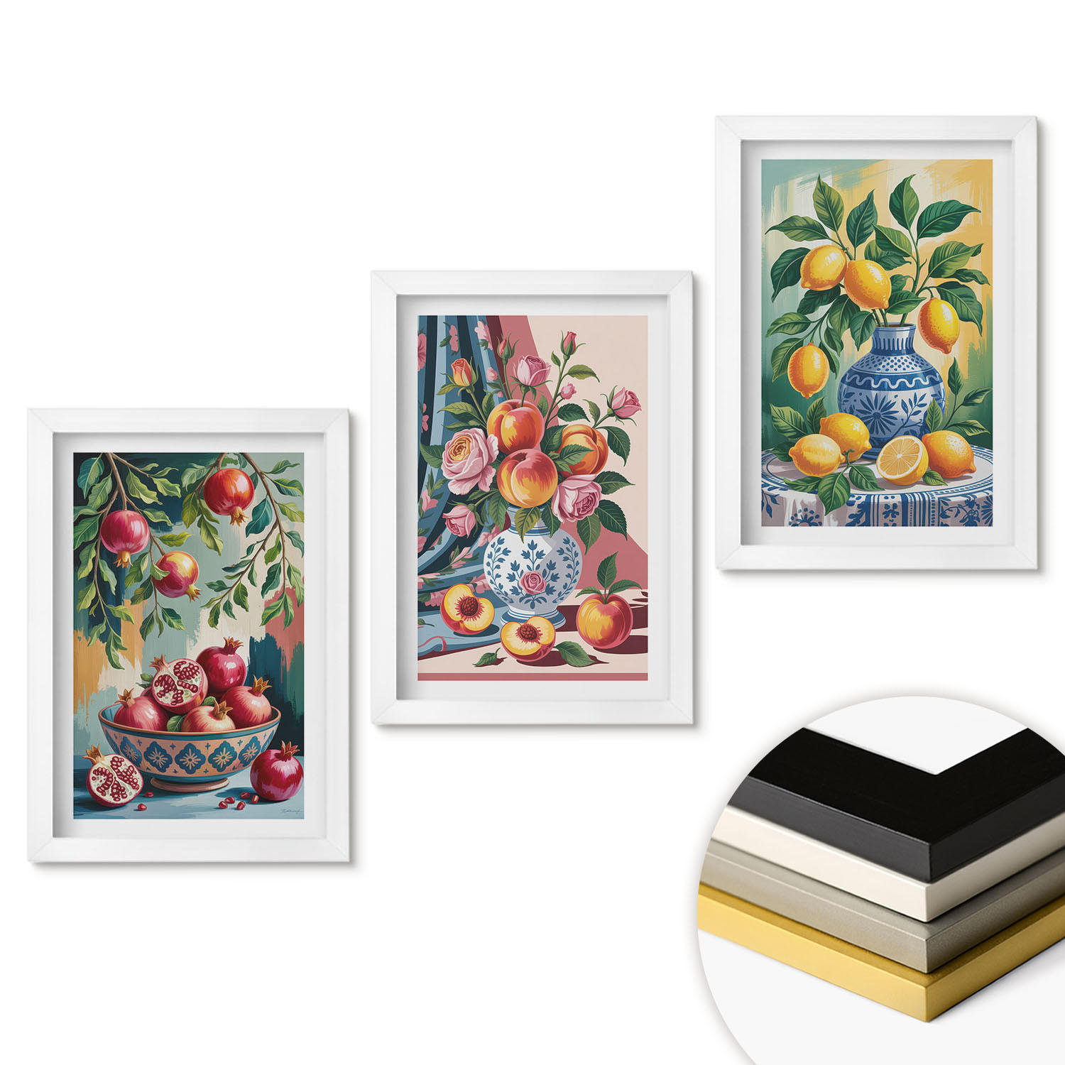 WANDBILDER 3er-Set - 20x30 cm Weißer Rahmen - Blumen und Früchte in Vasen - Weiß, Kunststoff (20/30cm) - ArtPrintCave